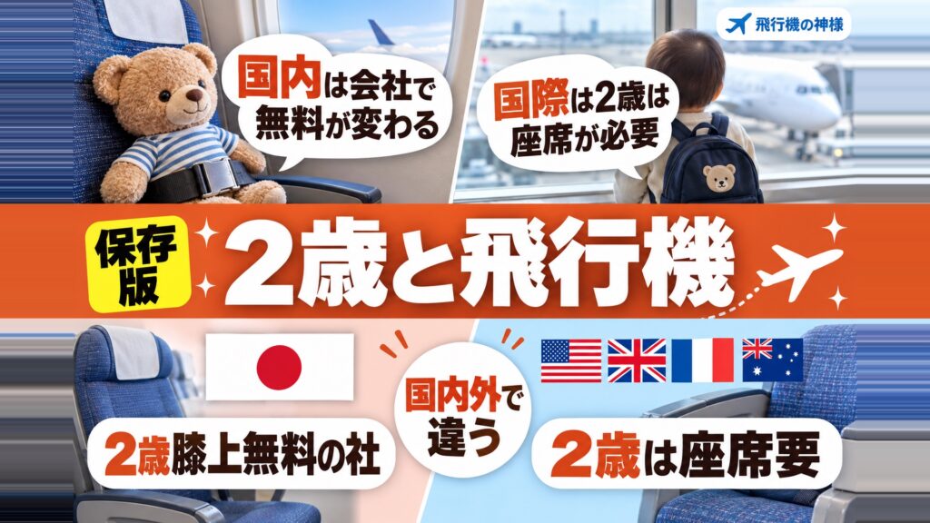 2歳児と一緒に飛行機の旅へ!事前準備やイヤイヤ期対策を解説 図の中の文字: 国内は会社で、無料が変わる、国際は2歳は、座席が必要、2歳膝上無料の社、2歳は座席要