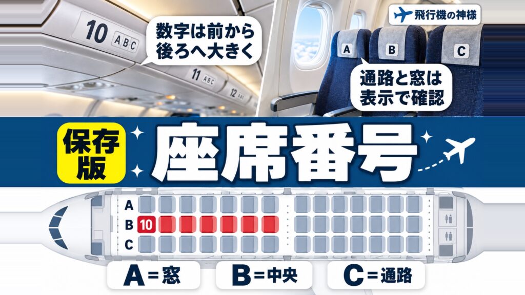 飛行機の座席番号には法則がある？知っていると役立つ情報をご紹介！　図の中の文字: 数字は前から、後ろへ大きく、通路と窓は、表示で確認、A、B