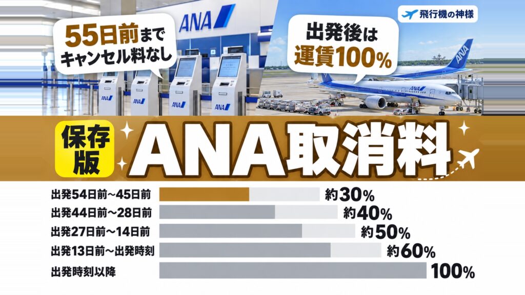 【ANA】飛行機のキャンセル料はいくら？手続き方法まで徹底解説　図の中の文字: 55日前まで、キャンセル料なし、出発後は、運賃100%、出発54日前〜45日前 約30%、出発44日前〜28日前 約40%