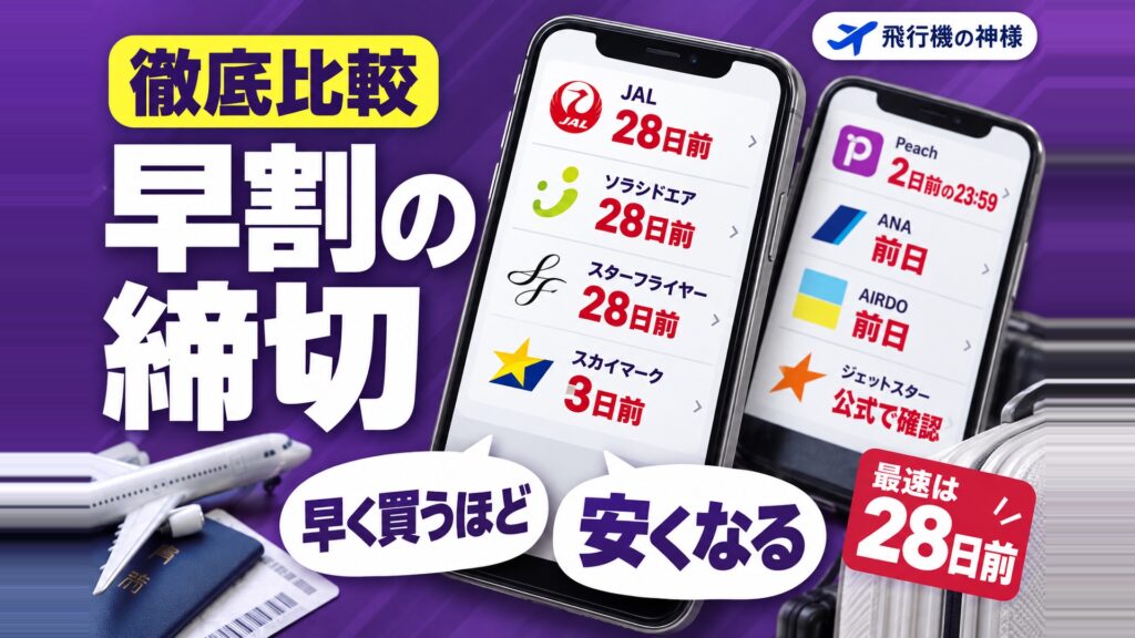 飛行機の安い時期は何日前に決まる？8社の早割の締切を比べた　図の中の文字: 早く買うほど、安くなる、JAL 28日前、ソラシドエア 28日前、スターフライヤー 28日前、スカイマーク 3日前
