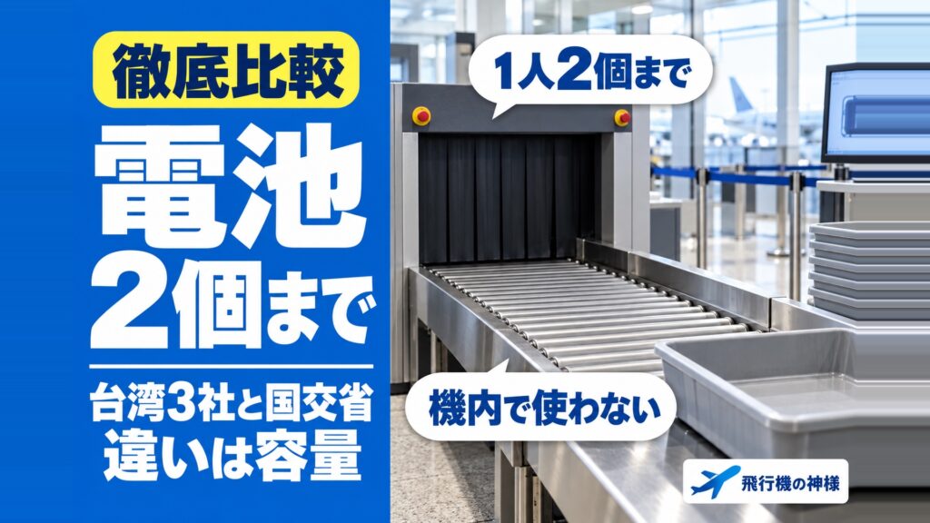 チャイナエアラインの持ち込みはバッテリー2個まで?台湾3社の違い 図の中の文字: 1人2個まで、機内で使わない、台湾3社と国交省、違いは容量