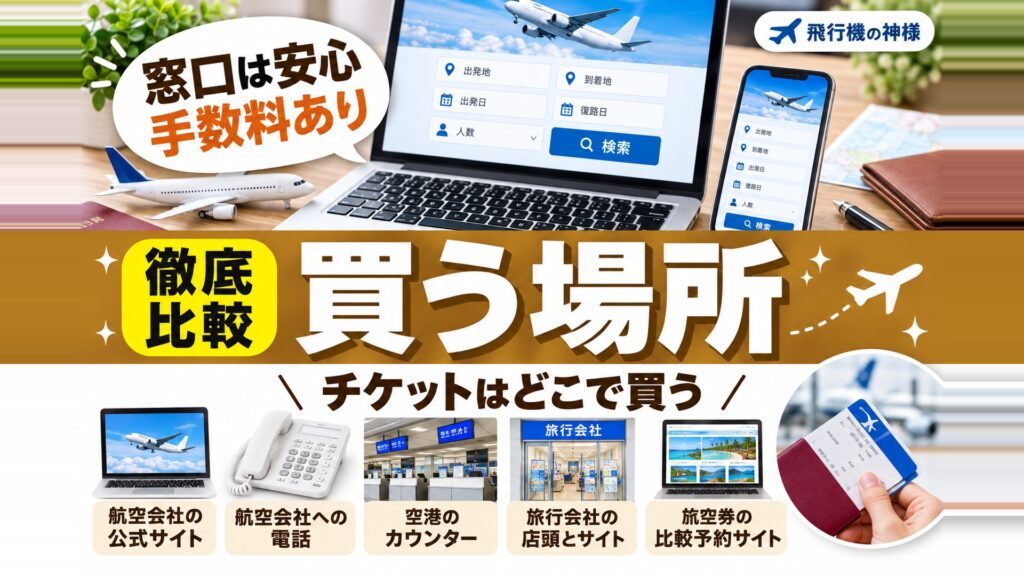 【初心者必見】飛行機のチケットどこで買う？簡単で安心な買い方とは　図の中の文字: 窓口は安心、手数料あり、チケットはどこで買う、航空会社の公式サイト、航空会社への電話、空港のカウンター