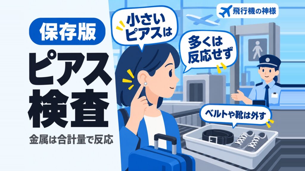 ピアスをつけたまま空港の金属探知機は通れる？注意点を解説！　図の中の文字: 小さいピアスは、多くは反応せず、金属は合計量で反応、ベルトや靴は外す