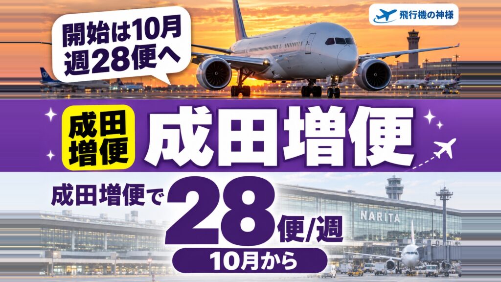 エミレーツ成田増便で週28便に！10月から変わること3つ　図の中の文字: 週28便へ、28、便/週、成田増便で、10月から