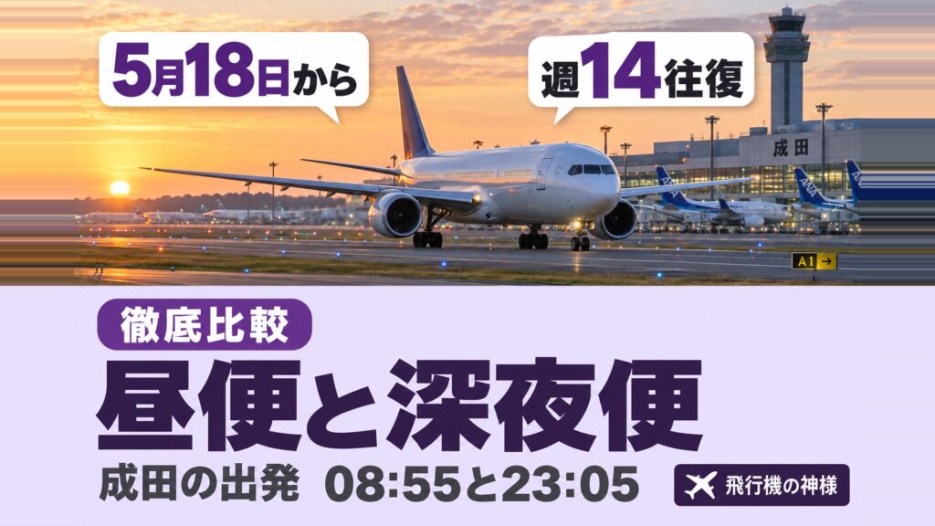 フィンエアー成田増便で1日2往復に!昼便と深夜便の時刻の違い　図の中の文字: 5月18日から、週14往復、成田の出発、08:55と23:05