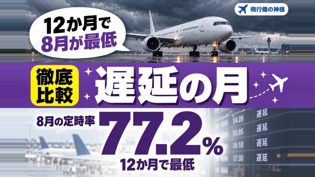 飛行機が遅延しやすい月は?定時率は8月の77.2%がいちばん低い 図の中の文字: 12か月で、8月が最低、77.2、%、8月の定時率、12か月で最低