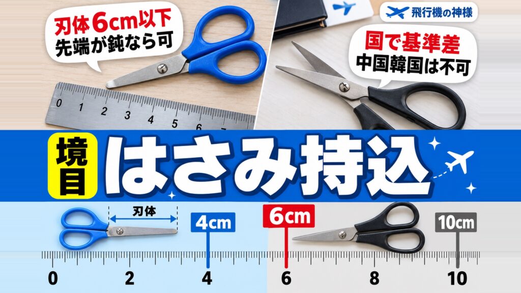 飛行機にはさみは持ち込みできる?刃物類の注意点を徹底解説! 図の中の文字: 刃体6cm以下、先端が鈍なら可、国で基準差、中国韓国は不可、4cm、6cm