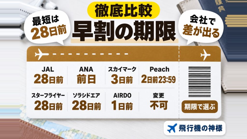 飛行機の早割は何日前が境目？国内8社の期限と条件を比べた　図の中の文字: 最短は28日前、会社で差が出る、JAL 28日前、ANA 前日、スカイマーク 3日前、Peach 2日前23:59