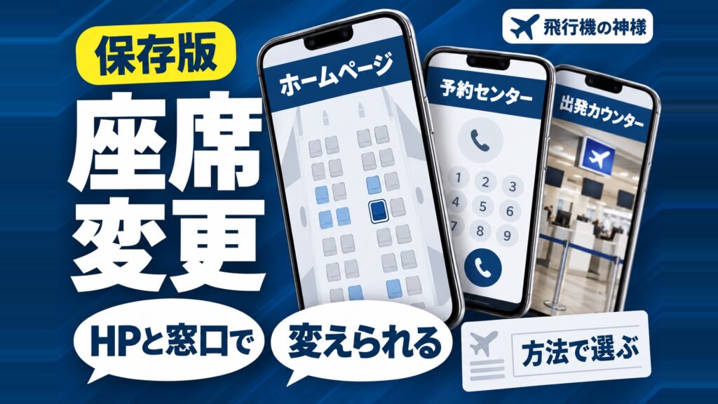飛行機の座席は変更できる？変更の際のポイントと注意点を解説　図の中の文字: HPと窓口で、変えられる、ホームページ、予約センター、出発カウンター、方法で選ぶ