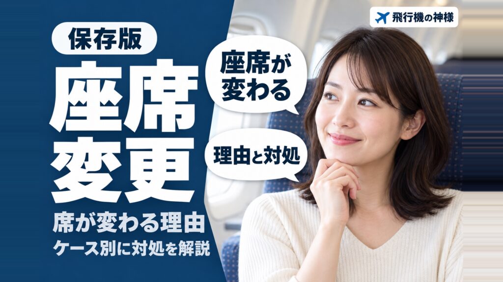 【プロが教えます】なぜ勝手に飛行機の座席が変更されたりするの？　図の中の文字: 座席が変わる、理由と対処、席が変わる理由、ケース別に対処を解説
