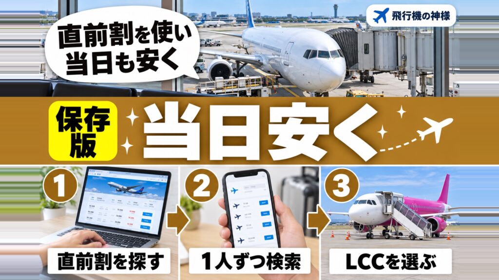 【2023年最新版】飛行機の当日便を安く購入する方法3選！直前割について解説　図の中の文字: 直前割を使い、当日も安く、直前割を探す、1人ずつ検索、LCCを選ぶ