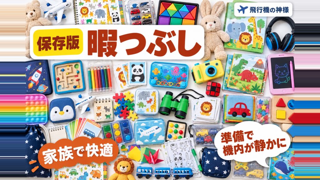 子連れもこれで安心！子供の飛行機暇つぶし対策グッズ10選！　図の中の文字: 準備で機内が静かに、家族で快適
