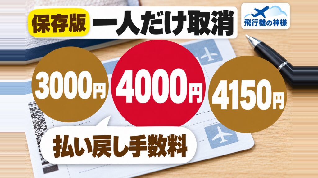 飛行機は一人だけキャンセルできる？受付場所や必要なものをご紹介！　図の中の文字: 払い戻し手数料、3000円、4000円、4150円