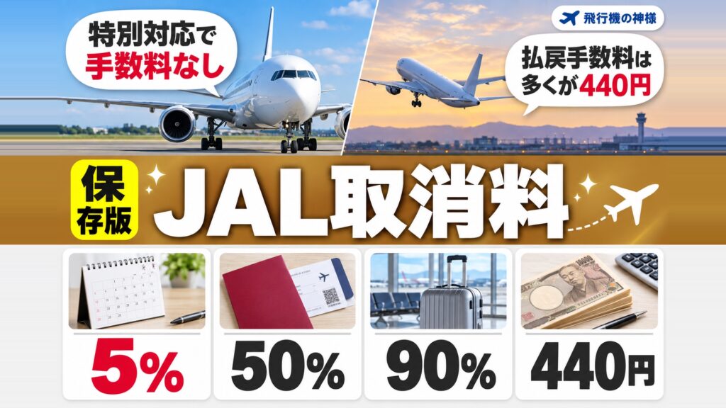 【JAL】国内線/国際線の飛行機キャンセル料や手続き方法を徹底解説! 図の中の文字: 特別対応で、手数料なし、払戻手数料は、多くが440円、440円、5%