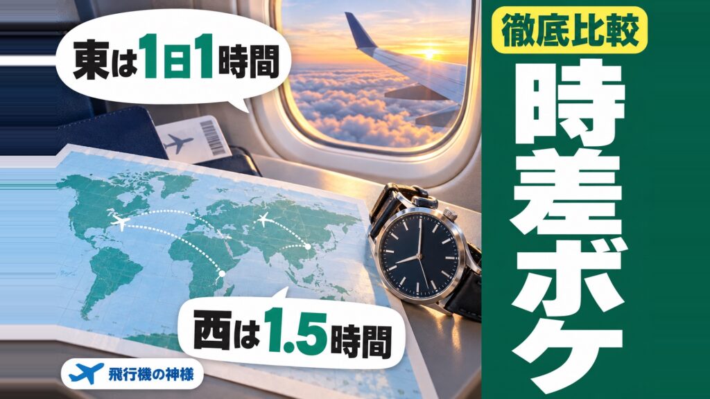 時差ボケは何日で治る?東回りは1日1時間しか戻らない 図の中の文字: 東は1日1時間、西は1.5時間
