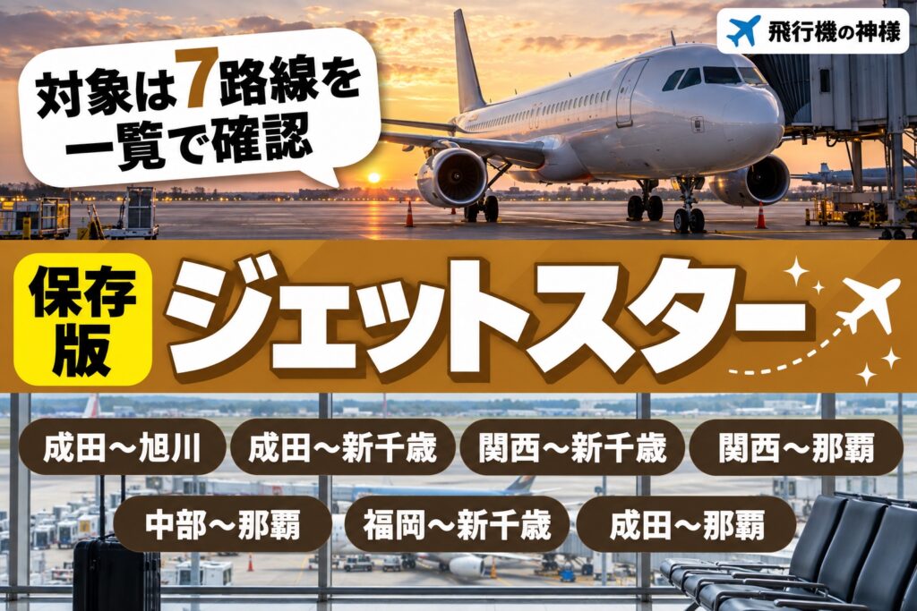 ジェットスターセール3,990円から!対象の7路線と損しない買い方　図の中の文字: 対象は7路線を、一覧で確認、成田〜旭川、成田〜新千歳、関西〜新千歳、関西〜那覇