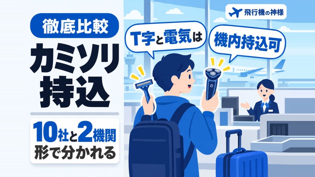 飛行機にカミソリは持ち込める？T字と替刃で分かれる10社の扱い　図の中の文字: T字と電気は、機内持込可、10社と2機関、形で分かれる