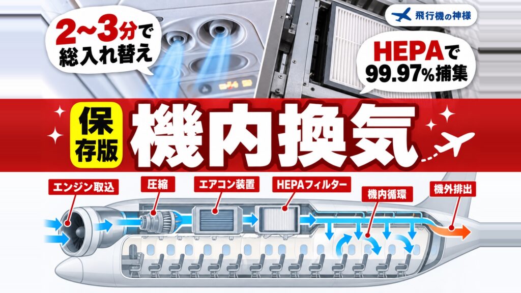 飛行機の換気システムはどうなっているの?たった○分で総入れ替え!? 図の中の文字: 2〜3分で、総入れ替え、HEPAで、99.97%捕集、エンジン取込、圧縮