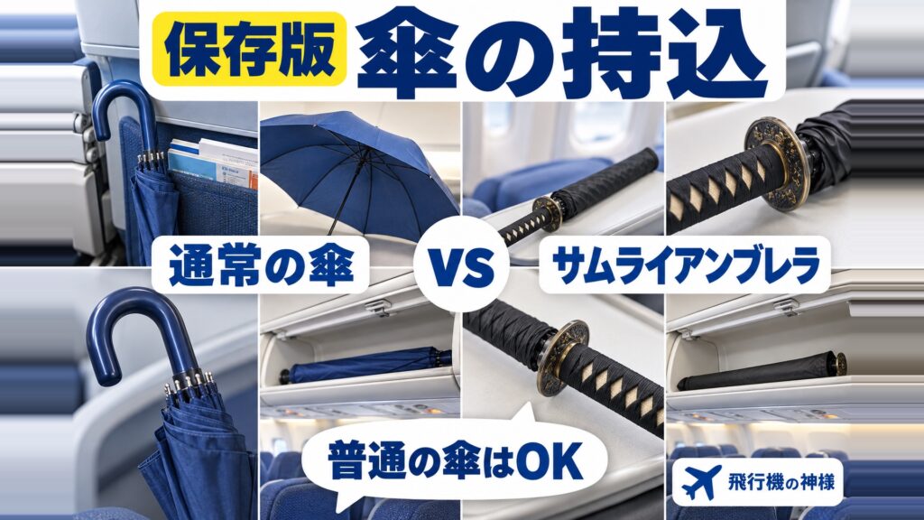 飛行機の持ち込み荷物に傘があって大丈夫?疑問や注意点を解説! 図の中の文字: 普通の傘はOK、通常の傘、サムライアンブレラ、vs