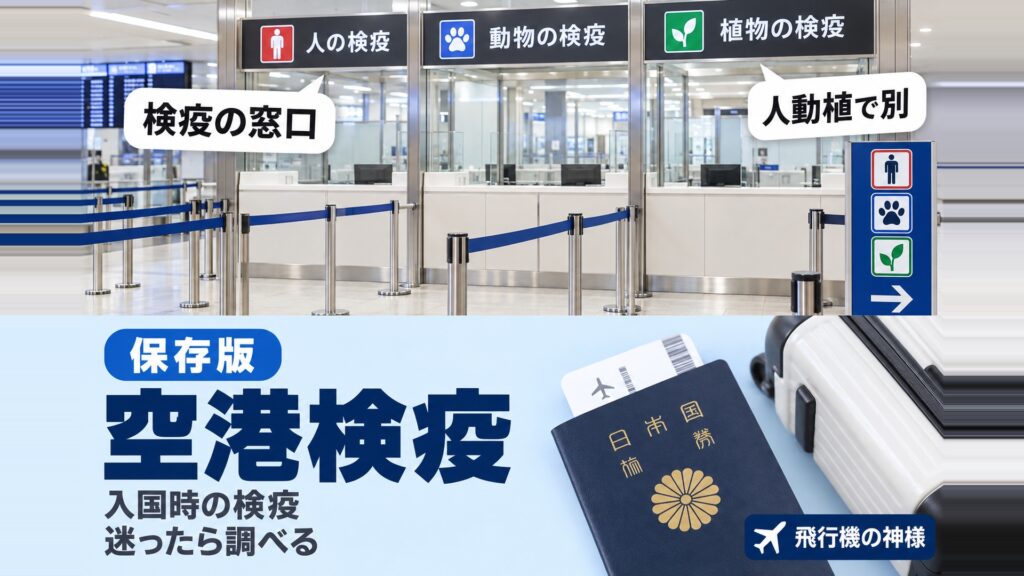 空港検疫の役割とは？日本に入国する際の注意点を徹底解説！　図の中の文字: 検疫の窓口、人動植で別、入国時の検疫、迷ったら調べる