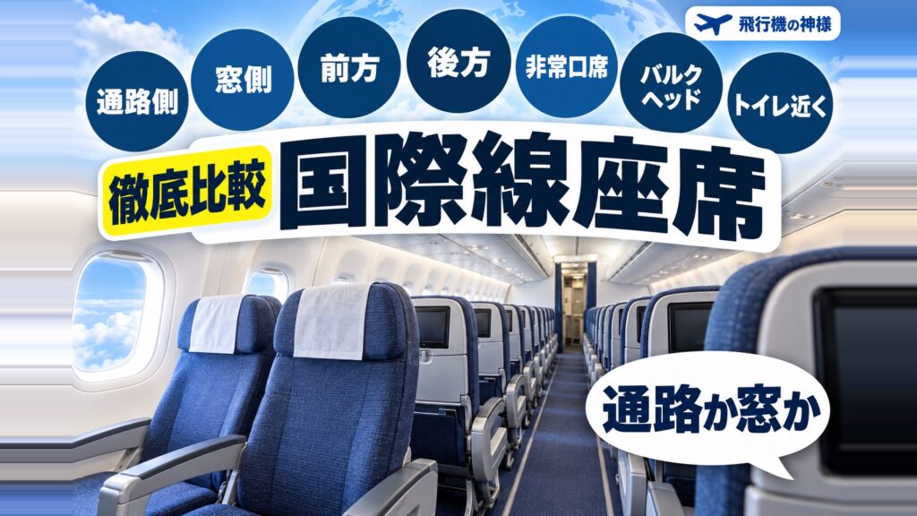 【国際線】飛行機のフライトを快適にするおすすめの座席はどこ？！　図の中の文字: 通路か窓か、通路側、窓側、前方、後方、非常口席