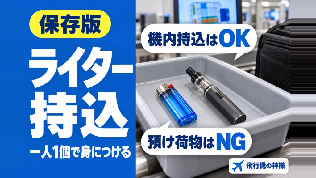 ライターは空港で没収される？持ち込みのルールを徹底解説！　図の中の文字: 機内持込はOK、預け荷物はNG、ライター持込、一人1個で身につける