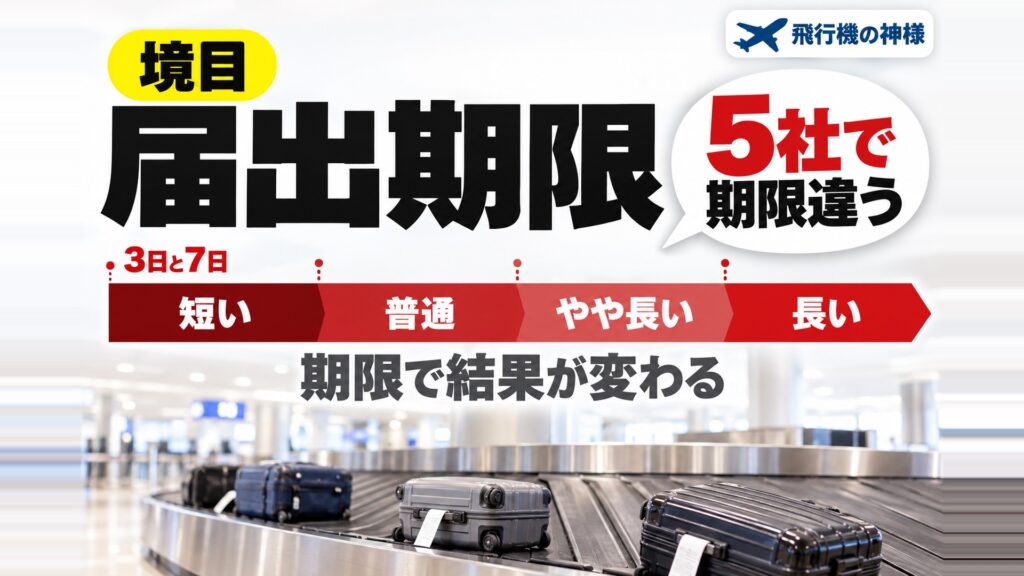 ロストバゲージの届出は3日と7日！5社の補償と期限の違い　図の中の文字: 5社で期限違う、3日と7日、期限で結果が変わる