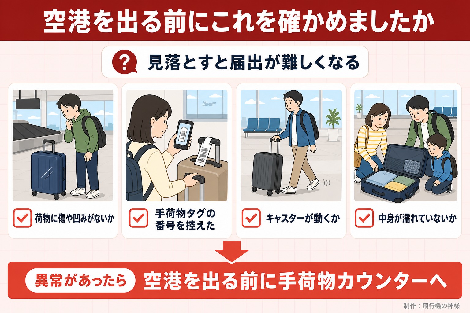 空港を出る前にこれを確かめましたか。見落とすと届出が難しくなる。荷物に傷や凹みがないか。手荷物タグの番号を控えた。キャスターが動くか。中身が濡れていないか。異常があったら。空港を出る前に手荷物カウンターへ。飛行機の神様が作ったイラスト図解（「こんなことしていませんか」のチェック場面）