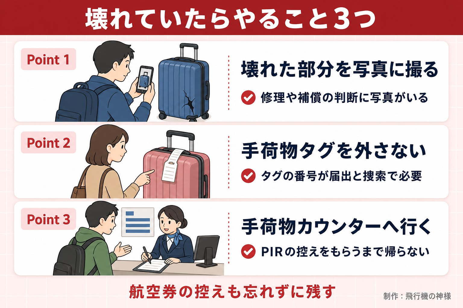 壊れていたらやること3つ。Point 1。壊れた部分を写真に撮る。修理や補償の判断に写真がいる。Point 2。手荷物タグを外さない。タグの番号が届出と捜索で必要。Point 3。手荷物カウンターへ行く。PIRの控えをもらうまで帰らない。航空券の控えも忘れずに残す。飛行機の神様が作ったイラスト図解（Point①②③の縦積み（各行に絵））