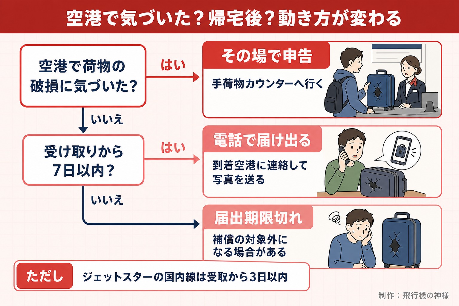 空港で気づいた？帰宅後？動き方が変わる。空港で荷物の破損に気づいた？。受け取りから7日以内？。その場で申告。手荷物カウンターへ行く。電話で届け出る。到着空港に連絡して写真を送る。届出期限切れ。補償の対象外になる場合がある。ただし ジェットスターの国内線は受取から3日以内。飛行機の神様が作ったイラスト図解（はい／いいえの判定）