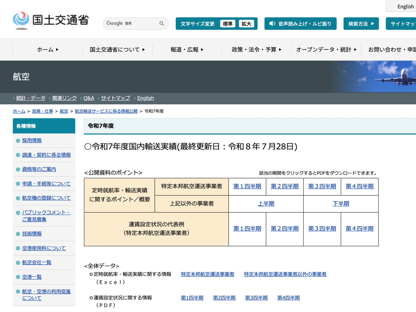 国土交通省が公開している令和7年度の航空輸送サービス情報のページ。四半期ごとの定時就航率と輸送実績のPDF、年度まるごとのExcelが並んでいる