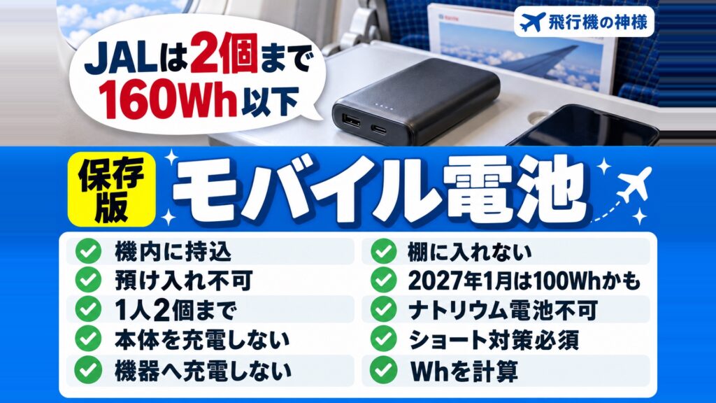 【JAL】飛行機にモバイルバッテリーは持ち込み可能？ルールを解説！　図の中の文字: JALは2個まで、160Wh以下、機内に持込、預け入れ不可、1人2個まで、本体を充電しない