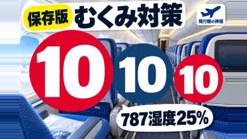 飛行機でのむくみ対策！原因と快適に過ごすための10の方法　図の中の文字: 787湿度25%、10