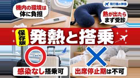 熱があっても飛行機に乗れる？熱がある時の対処法と不安を解消！　図の中の文字: 機内の環境は、体に負担、熱が出たら、まず受診、感染なし搭乗可、出席停止期は不可
