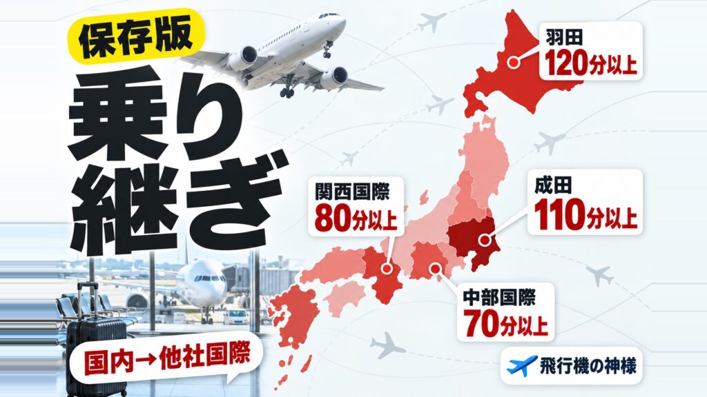 空港で乗り継ぎの際に注意するポイントは？もし間に合わなかったら？　図の中の文字: 国内→他社国際、羽田 120分以上、成田 110分以上、関西国際 80分以上、中部国際 70分以上