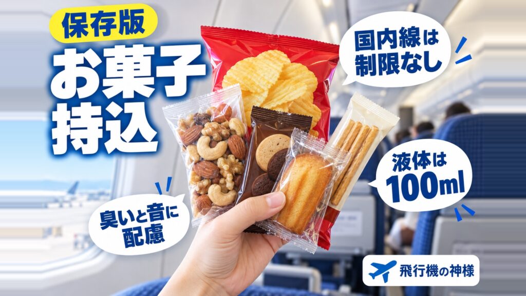飛行機にお菓子は持ち込みできる?オススメのお菓子もご紹介 図の中の文字: 国内線は制限なし、液体は100ml、臭いと音に配慮