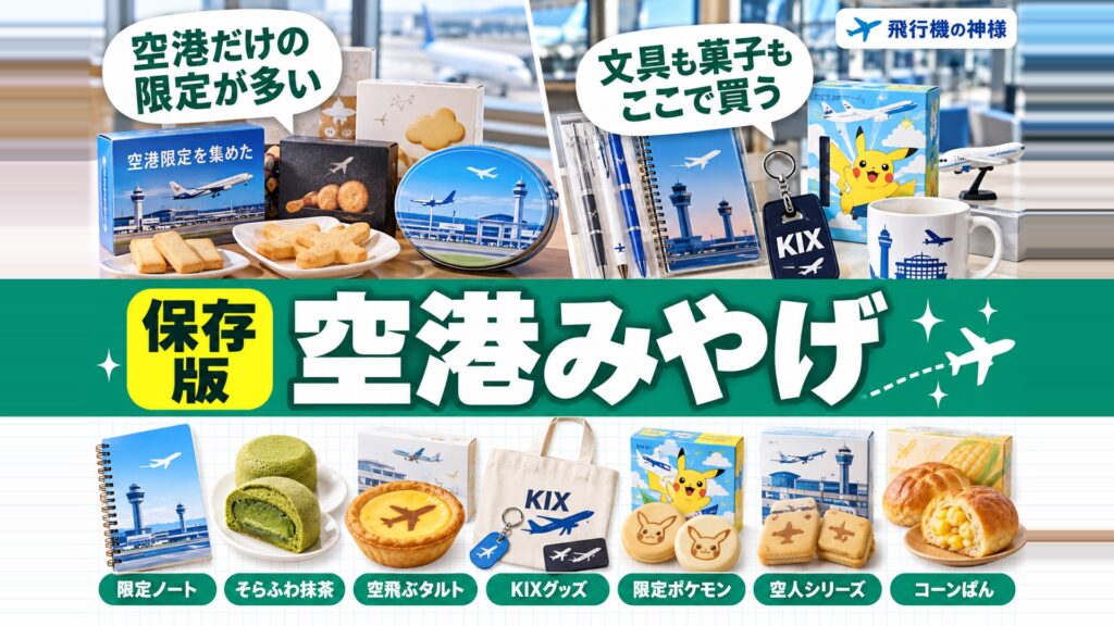 【厳選】空港を訪れたらぜひ買ってみたいお土産10選をご紹介！！　図の中の文字: 空港だけの、限定が多い、文具も菓子も、ここで買う、限定ノート、そらふわ抹茶