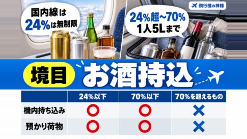 飛行機へのお酒の持ち込みにルールはあるの？注意点を徹底解説　図の中の文字: 国内線は、24%は無制限、24%超〜70%、1人5Lまで、24%以下、70%以下