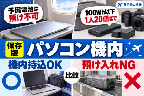 飛行機にパソコンは持ち込んでも大丈夫?疑問や注意点を解説! 図の中の文字: 予備電池は、預け不可、100Wh以下、1人20個まで、機内持込OK、預け入れNG