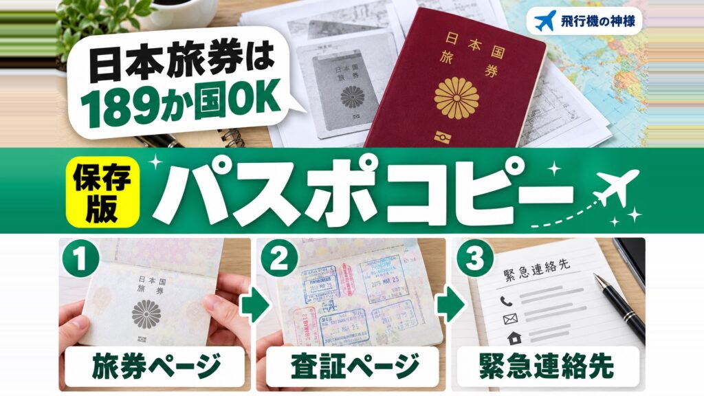 海外旅行で必要なパスポートのコピーはどのページ?使うシーンや持ち歩き方も紹介 図の中の文字: 日本旅券は、189か国OK、旅券ページ、査証ページ、緊急連絡先