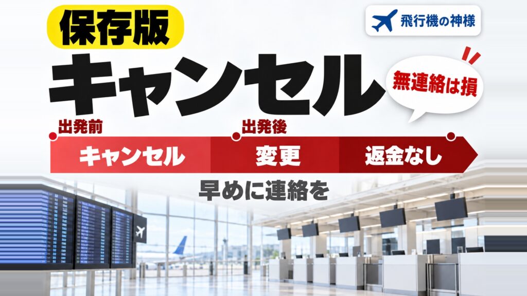 飛行機の予約はキャンセルしないとどうなる？ペナルティはある？　図の中の文字: 無連絡は損、出発前→出発後、早めに連絡を