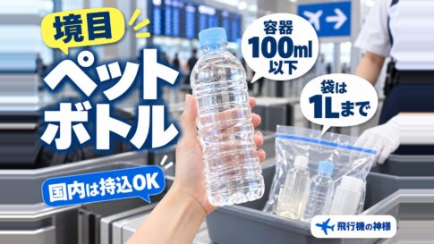 飛行機内にペットボトルは持ち込める？気圧で破裂したりしない？　図の中の文字: 容器100ml以下、袋は1Lまで、国内は持込OK