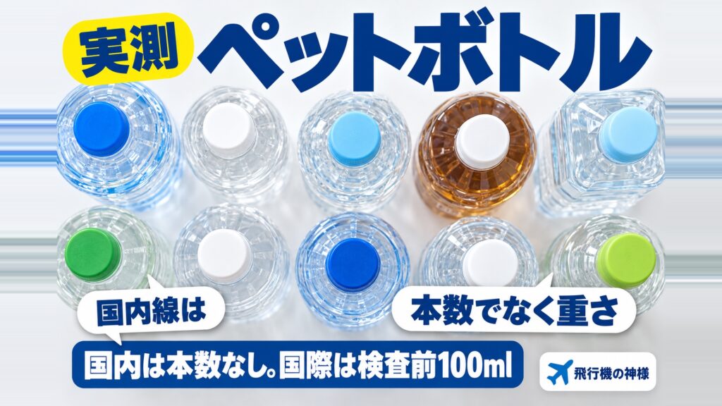飛行機にペットボトルは何本まで?国内線と国際線で変わる上限 図の中の文字: 国内線は、本数でなく重さ、国内は本数なし。国際は検査前100ml