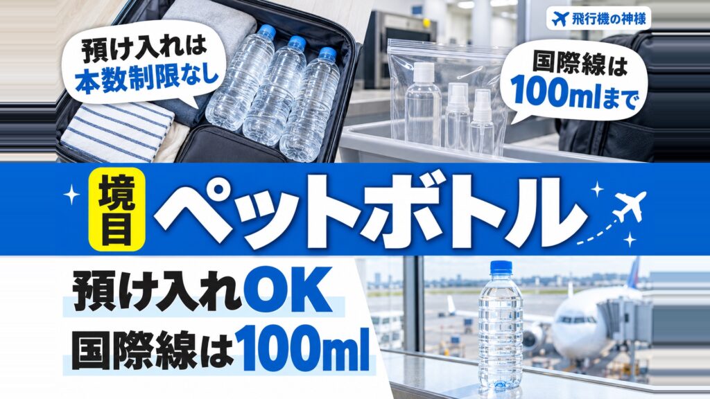飛行機でペットボトルをスーツケースに入れる際のルールと注意点！　図の中の文字: 預け入れは、本数制限なし、国際線は、100mlまで、預け入れOK、国際線は100ml