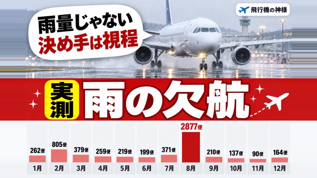 飛行機は雨で欠航することはある？運行状況の確認方法まで解説　図の中の文字: 雨量じゃない、決め手は視程、1月 262便、2月 805便、3月 379便、4月 259便