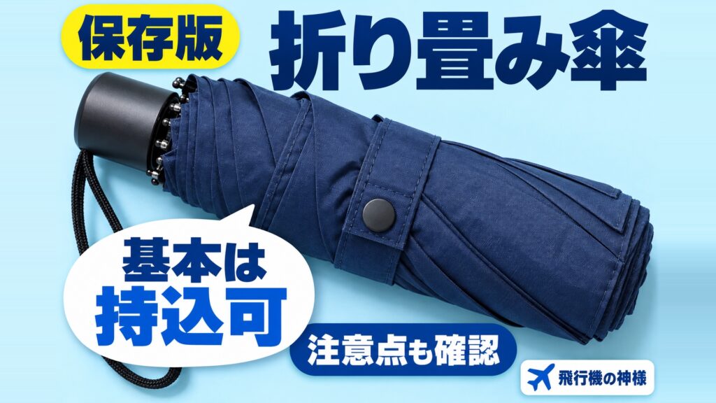飛行機に折り畳み傘は持ち込み可能？折り畳み傘のメリット・デメリットまで徹底解説！　図の中の文字: 基本は持込可、注意点も確認