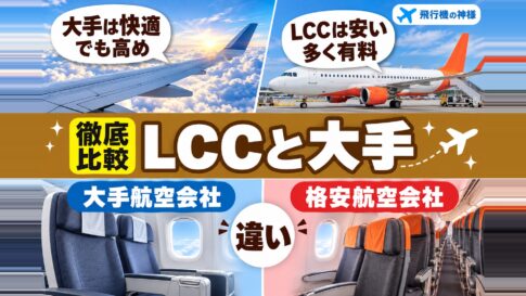 安く往復航空券を購入するには?おすすめの航空券比較サイトをご紹介! 図の中の文字: 大手は快適、でも高め、LCCは安い、多く有料、大手航空会社、格安航空会社