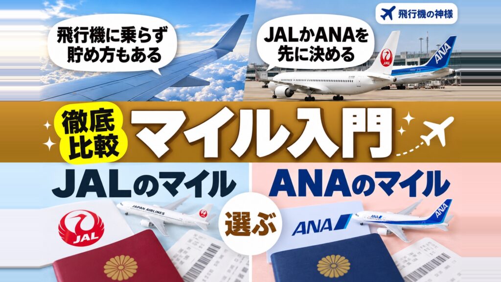 マイルとは?飛行機で効率良くマイルを貯める方法とおすすめの活用方法! 図の中の文字: 飛行機に乗らず、貯め方もある、JALかANAを、先に決める、JALのマイル、ANAのマイル
