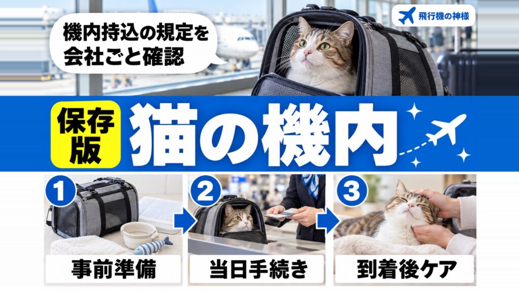 飛行機の機内に猫を持ち込む方法とは？料金や乗り方を解説！　図の中の文字: 機内持込の規定を、会社ごと確認、事前準備、当日手続き、到着後ケア