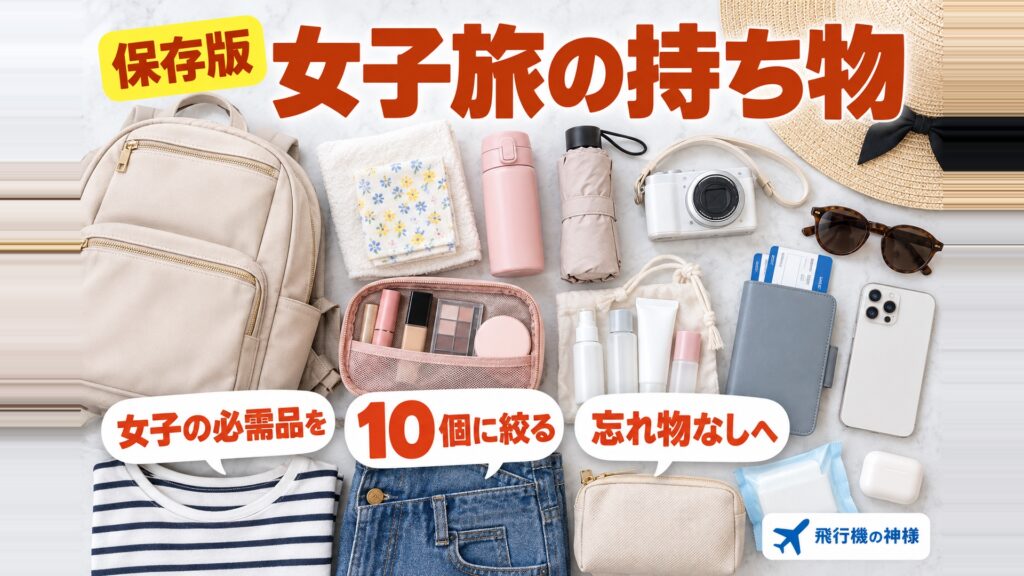 【海外旅行】女子旅だからこそ必要な持ち物10選！チェックリストを参考に準備しよう　図の中の文字: 女子の必需品を、10個に絞る、忘れ物なしへ